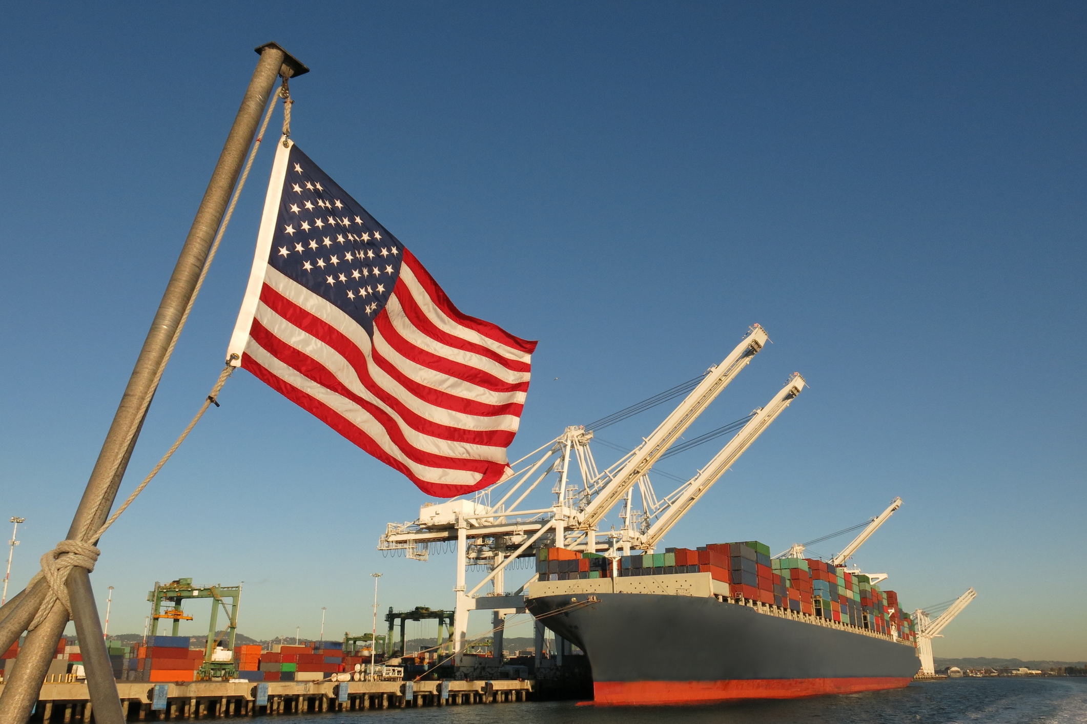 Cargo Ship in Port American Flag
