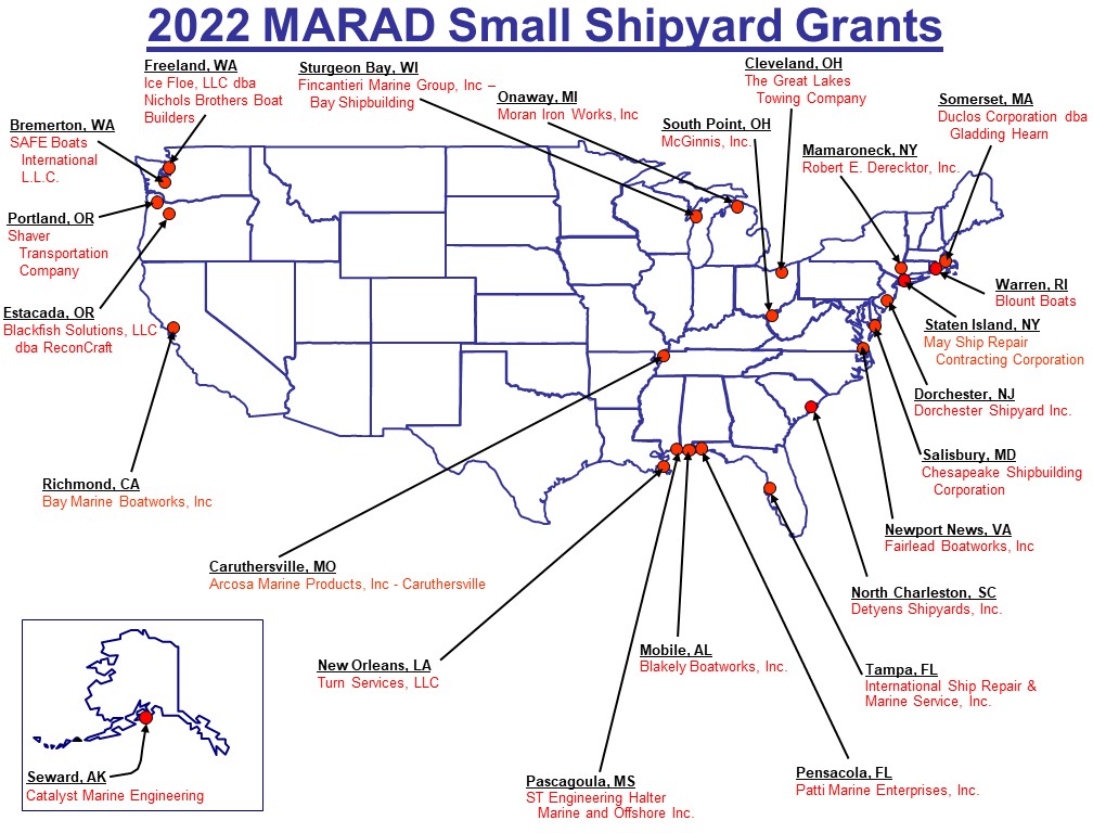 Map of the 2022 Small Shipyard Grant Awardees